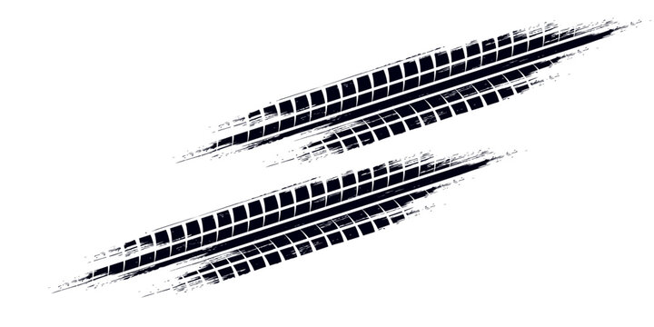 Black tire marks on road, Black rubber tire marks and tread marks, Tire trace track wheels texture and background, Auto tire tread grunge