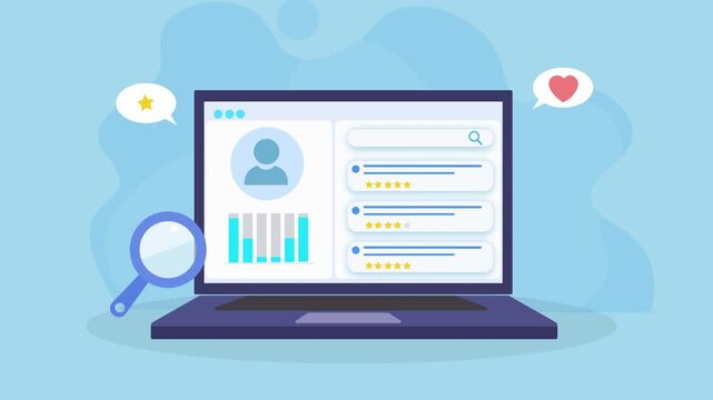 Animated illustration of a laptop showing a user profile dashboard with charts, ratings, and social icons, representing engagement tracking, data analysis, and user insights.