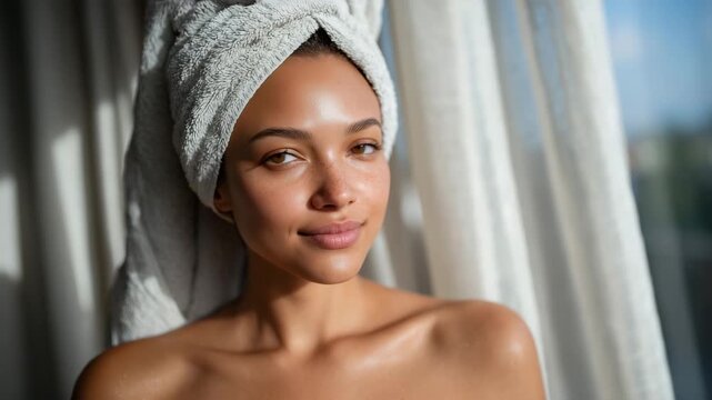 Side-profile view of a smiling woman in a tranquil spa setting, charcoal clay mask smooth and matte, white towel wrap snug around her head, golden sunset light filtering through sh