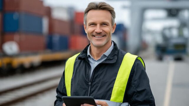 Smiling logistics worker in a reflective safety vest holding a tablet, standing confidently on railway tracks at a bustling shipping terminal, colorful cargo containers stacked beh