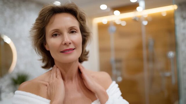 Thoughtful senior woman touching her neck while looking into a softly illuminated mirror, contemporary bathroom with glass shower and wooden accents, diffused warm light creating f