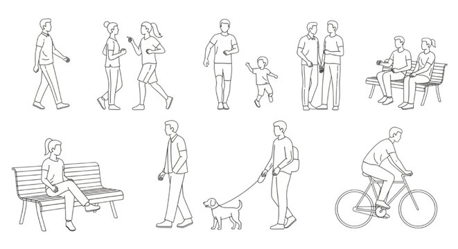CAD drawings of people in various everyday activities and poses for architectural and design projects