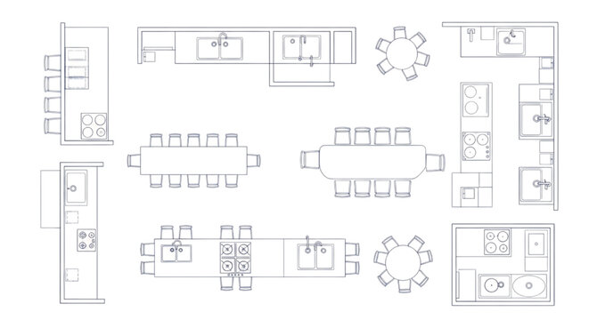 Top-down view of a CAD drawing featuring various kitchen layouts and dining area designs