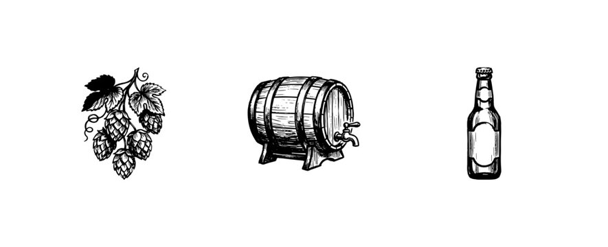 Craft Beer Brewery and Oktoberfest Elements with Hand-Drawn Inky Doodle and Detailed Engraving Aesthetic