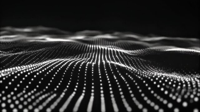 Abstract glowing digital particles flowing on a dark background in a digital wave pattern