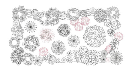 Detailed CAD blueprint illustrating an intricate landscape design with diverse plant and tree species, perfect for garden planning and urban green space projects, rendered with precision © akila