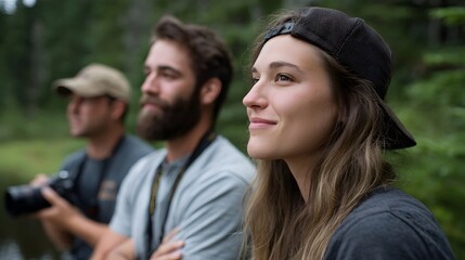 Fototapeta premium A reflective moment of friends enjoying a natural outdoor environment under a lush canopy of trees