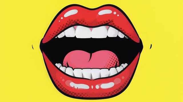 Pop Art Open Mouth Screaming with Red Lips and White Teeth on Yellow Background