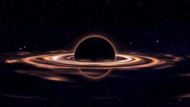 Black hole with glowing accretion disk in deep space against starry background