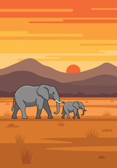 Flat style illustration of elephant family walking across dry savanna with mountains and sunset sky, symbolizing wildlife, nature connection, and safari travel experience © Amie