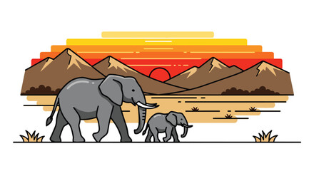 Flat style illustration of elephant family walking across dry savanna with mountains and sunset sky, symbolizing wildlife, nature connection, and safari travel experience © Amie