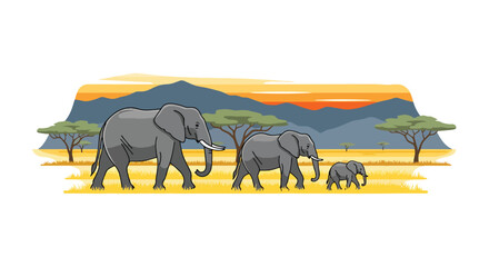 Flat style illustration of elephant family walking across dry savanna with mountains and sunset sky, symbolizing wildlife, nature connection, and safari travel experience © Amie