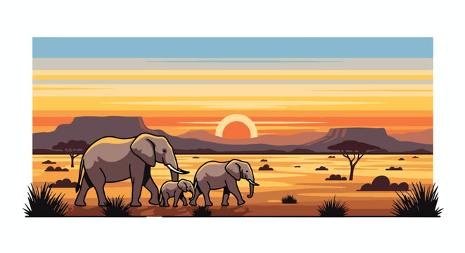 Flat style illustration of elephant family walking across dry savanna with mountains and sunset sky, symbolizing wildlife, nature connection, and safari travel experience