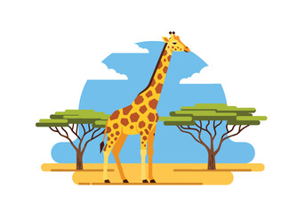 Flat style illustration of giraffe standing near acacia trees in open savanna with blue sky and clouds, showcasing wildlife beauty and peaceful safari landscape © Amie