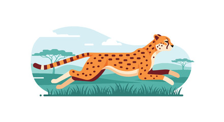 Flat style illustration of cheetah running across savanna with dynamic motion and grassland background, symbolizing speed, power, and wild safari adventure © Amie