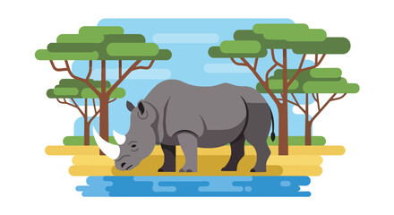 Flat style illustration of rhino standing near watering hole with trees and sky, representing endangered wildlife, nature, and safari conservation awareness © Amie