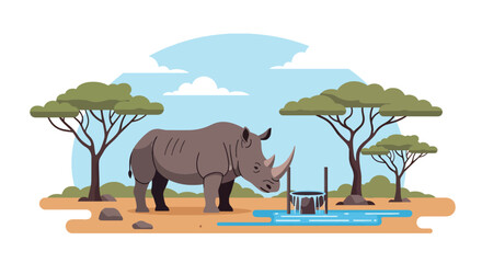 Flat style illustration of rhino standing near watering hole with trees and sky, representing endangered wildlife, nature, and safari conservation awareness © Amie