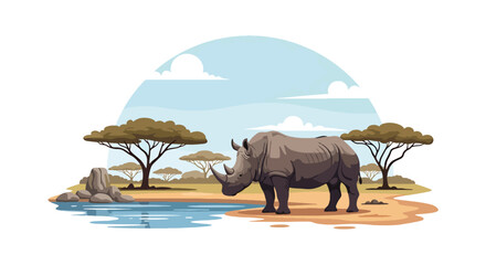 Flat style illustration of rhino standing near watering hole with trees and sky, representing endangered wildlife, nature, and safari conservation awareness © Amie