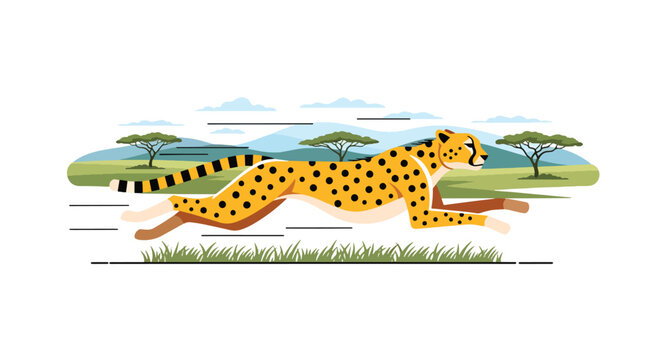 Flat style illustration of cheetah running across savanna with dynamic motion and grassland background, symbolizing speed, power, and wild safari adventure