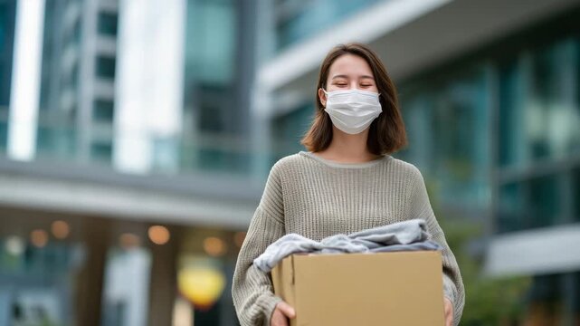 Woman wearing a protective face mask carrying a cardboard box full of clothes for donation, walking along a busy city street, sunlight reflecting off glass buildings, cinematic com