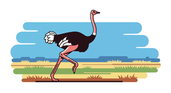 Flat style illustration of ostrich running in open savanna with grass and horizon, representing speed, wildlife diversity, and natural safari environment