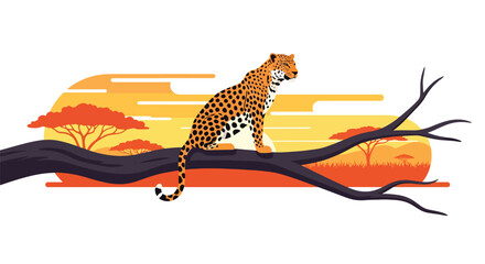 Flat style illustration of leopard sitting on tree branch in savanna with sunset sky, representing predator behavior, wildlife beauty, and safari nature scene © Amie