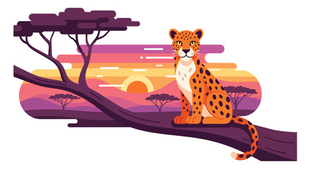 Obraz premium Flat style illustration of leopard sitting on tree branch in savanna with sunset sky, representing predator behavior, wildlife beauty, and safari nature scene