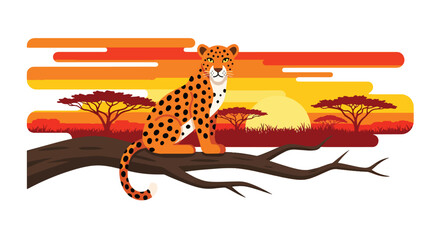 Flat style illustration of leopard sitting on tree branch in savanna with sunset sky, representing predator behavior, wildlife beauty, and safari nature scene © Amie