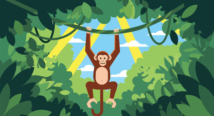Flat style illustration of monkey hanging from vines in dense jungle with green leaves and sunlight, representing playful wildlife and tropical rainforest environment © Amie