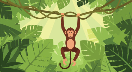 Flat style illustration of monkey hanging from vines in dense jungle with green leaves and sunlight, representing playful wildlife and tropical rainforest environment © Amie