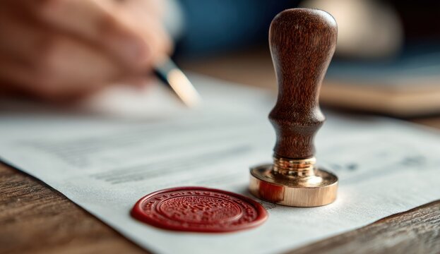 A wooden stamp with a red bottom pressing a wax seal on a document