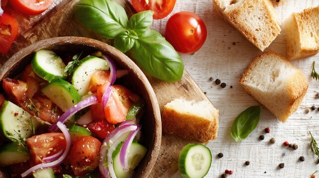 Healthy Eating salad with fresh vegetables and crusty bread on rustic wooden table for wellness lifestyle and home cooking inspiration