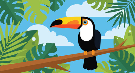 Fototapeta premium Flat style illustration of toucan bird on branch with tropical leaves and sky background, representing exotic wildlife, colorful nature, and rainforest ecosystem