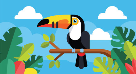 Obraz premium Flat style illustration of toucan bird on branch with tropical leaves and sky background, representing exotic wildlife, colorful nature, and rainforest ecosystem