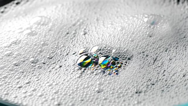 A video showcasing a close-up of a soap bubble sitting on a layer of foam with vibrant colors reflecting off its surface.