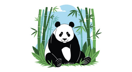 Flat style illustration of panda in bamboo forest with green leaves and soft sky, representing peaceful wildlife, conservation, and natural forest habitat © Amie