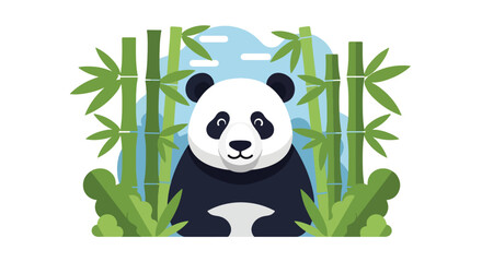 Flat style illustration of panda in bamboo forest with green leaves and soft sky, representing peaceful wildlife, conservation, and natural forest habitat © Amie