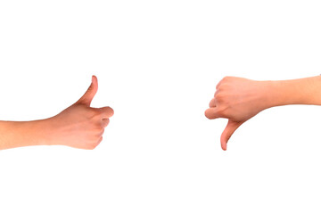 Two hands showing thumbs up and thumbs down on white background symbolizing approval and disapproval © D Studio