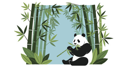 Flat style illustration of panda in bamboo forest with green leaves and soft sky, representing peaceful wildlife, conservation, and natural forest habitat © Amie