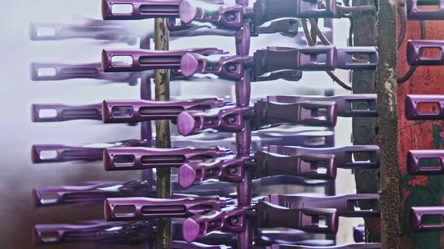 Close-up of pot handle components produced on an automated line inside a metal factory, showing precision manufacturing, durable materials, and industrial production process for cookware parts