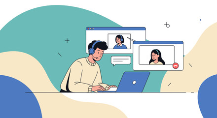 Obraz premium Man on video call with headphones and laptop, online communication concept