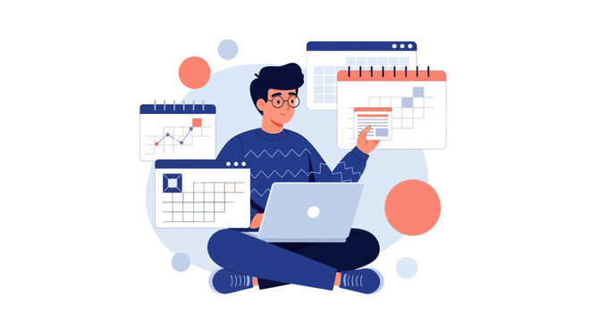 Man managing schedules and tasks on laptop with calendars and charts