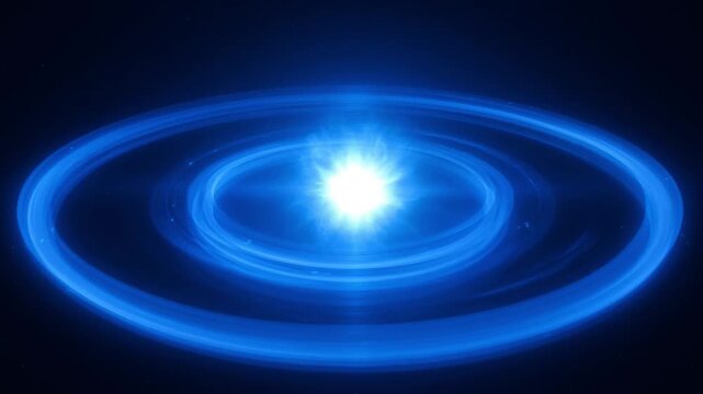 A brilliant, centralized white light source emanates intense energy, surrounded by several concentric, vibrant blue rings expanding outwards against a dark, empty space.