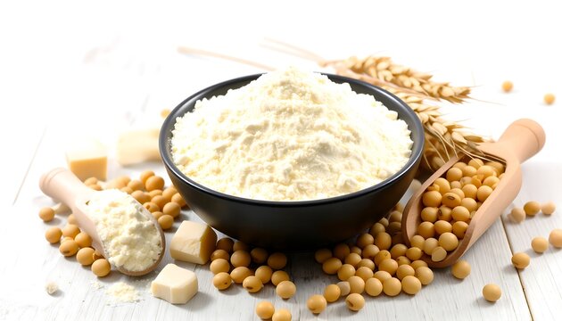 Powdered food product, likely a protein supplement, surrounded by ingredients