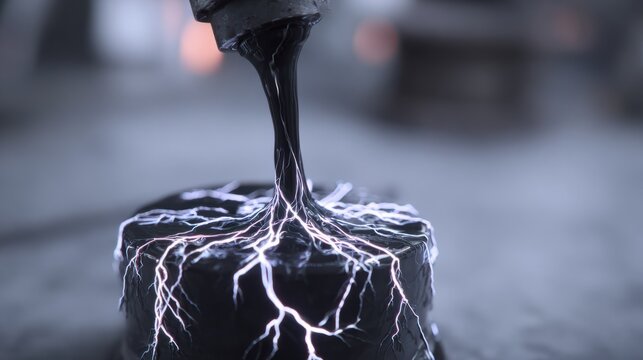 An electric tool releasing thick black liquid with visible sparks and electrical discharge