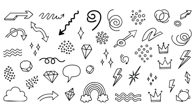 Sketch line arrow element, star, heart shape. Hand drawn doodle sketch style circle, cloud speech bubble grunge element set. Arrow, star, heart brush decoration. Vector