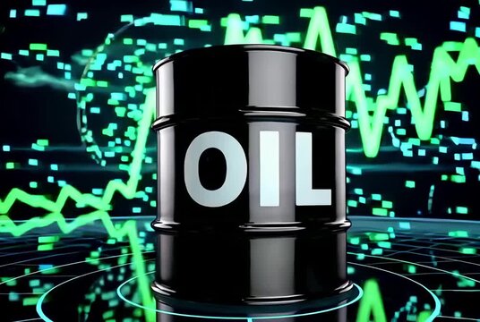 Black crude oil barrel with declining stock market chart, representing price stabilization as geopolitical tensions ease for global energy market recovery and economic balance.