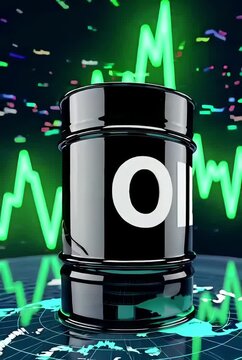 Black crude oil barrel with declining stock market chart, representing price stabilization as geopolitical tensions ease for global energy market recovery and economic balance.