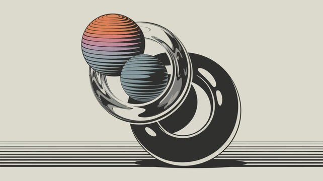 Abstract composition featuring spherical and toroidal forms with linear elements