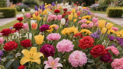 Obraz premium Colorful spring flower garden with tulips roses and blooming flowers